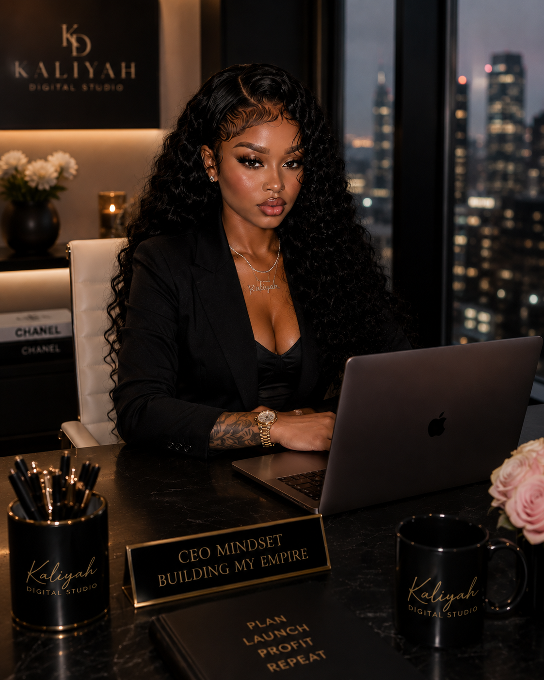 Luxury modern office with MacBook, gold accessories, and city skyline view